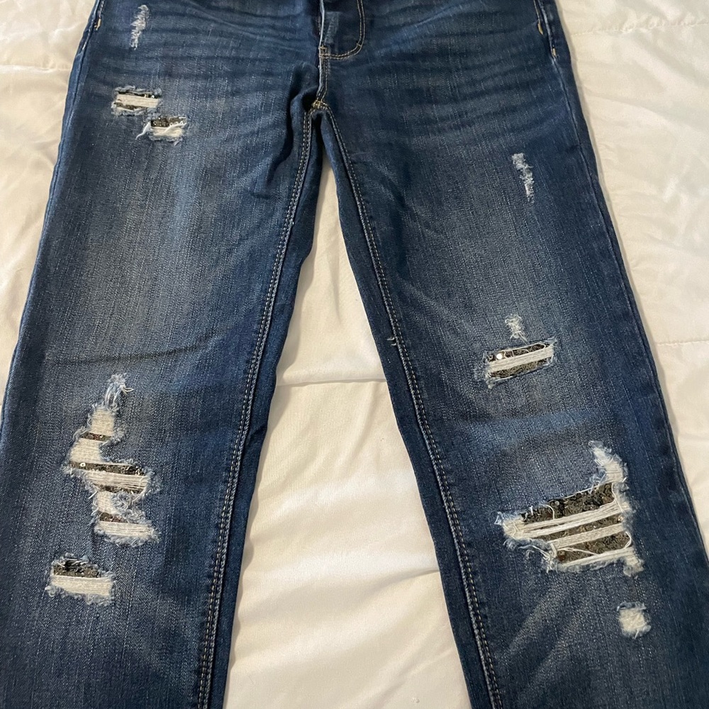 Sequin distressed skinny jeans